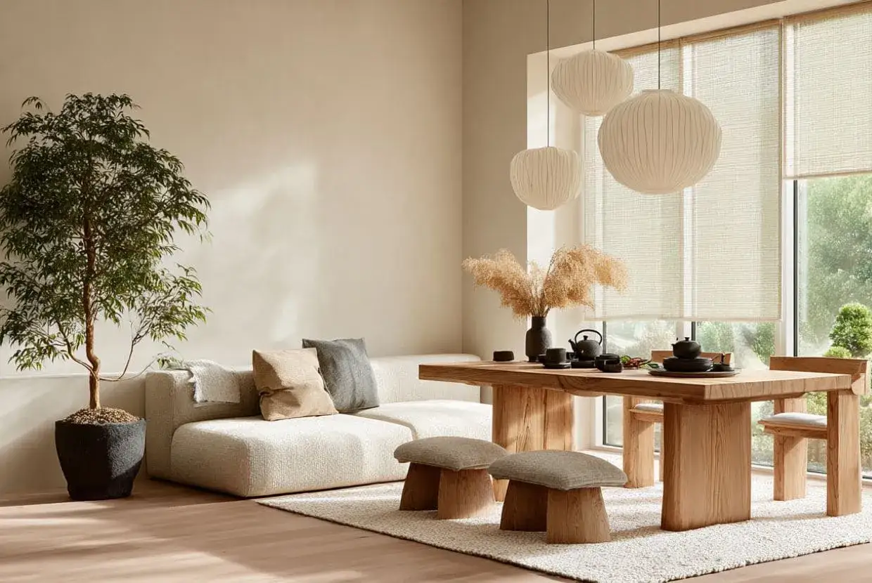 Un salón con sofá beige, mesa de madera, taburetes y árbol interior. La decoración Japandi crea un ambiente sereno y natural.