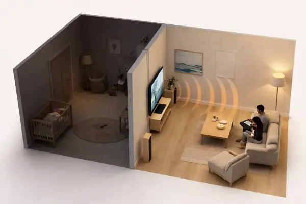 Habitación de bebé tranquila gracias a la insonorización. En la sala, una pareja disfruta del entretenimiento sin molestar.