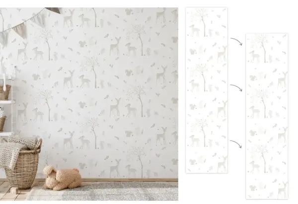 Un delicado diseño de ciervos, conejos y ardillas para empapelar pared, creando un ambiente de cuento de hadas.