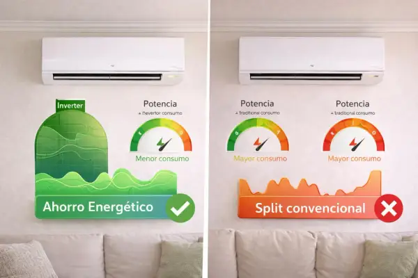 Comparativa de aire acondicionado: Inverter vs. Split convencional. Descubre qué significa invertir en aire acondicionado para un menor consumo y ahorro energético.