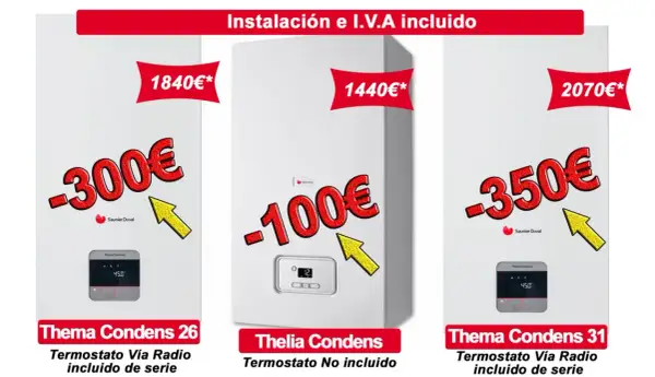 Variedad de tipos de calderas Saunier Duval con descuentos. Modelos Thema Condens 26 y 31 con termostato incluido, y Thelia Condens sin termostato.