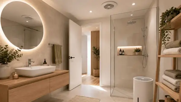 Deshumidificador blanco en baño moderno, ideal para saber como sacar la humedad del baño sin ventilación.