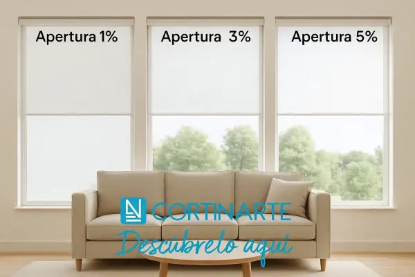 Tres ventanas con persianas de **tejido screen** de diferentes aperturas (1%, 3%, 5%) sobre un sofá beige.
