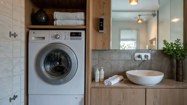 Lavaderos ideas: lavadora blanca junto a lavabo moderno con grifería empotrada y detalles en madera.