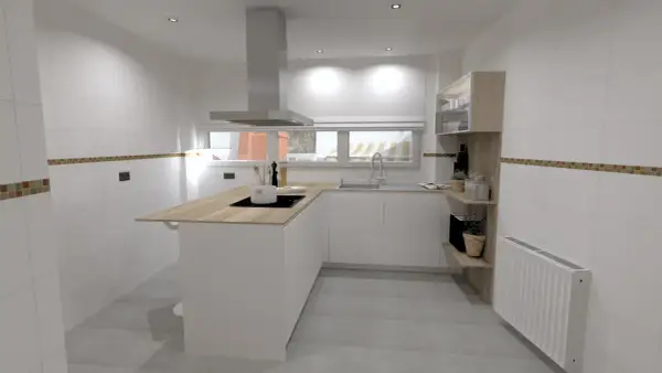 Cocinas con península modernas, blancas y de madera, con encimera de madera, campana extractora y estanterías.