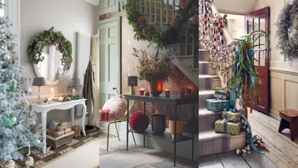 Ideas para decorar recibidor navidad: árbol nevado, guirnaldas en escaleras, coronas y regalos.