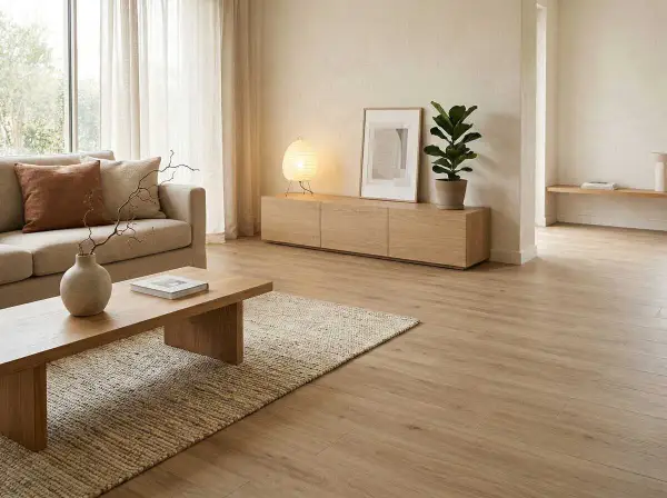 Salón con sofá beige, mesa de centro de madera y alfombra de yute. La decoración japandi se realza con una lámpara de papel y una planta.