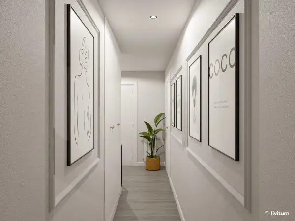 Pasillos decorados con arte minimalista y una planta verde, creando un ambiente moderno y acogedor.