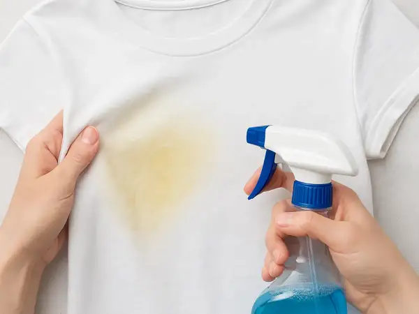 Manos rociando un quitamanchas en una camiseta blanca con una mancha amarilla. Aprende como quitar manchas amarillas en seco.