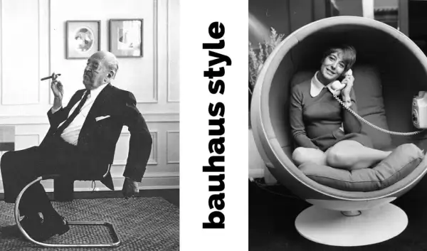 Hombre fumando en una silla icónica y mujer en una butaca de diseño famosa. Estilo Bauhaus.