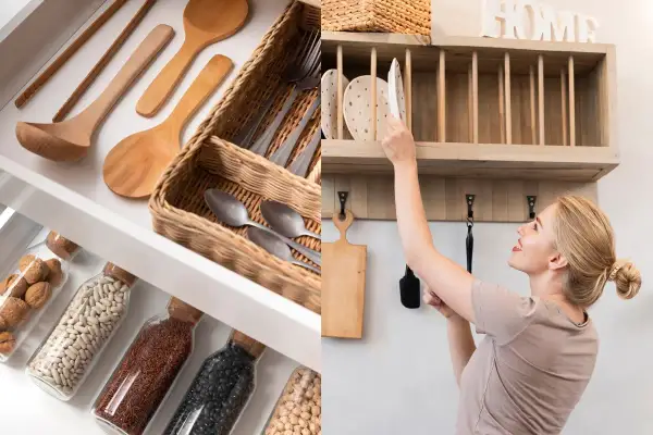 Organizar cocina: cajón con utensilios de madera y frascos de legumbres, y mujer colocando platos en estante.