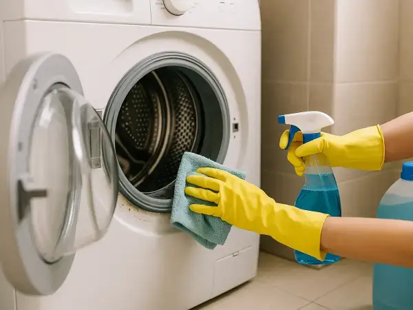Manos con guantes amarillos limpian la lavadora con un paño azul y spray.