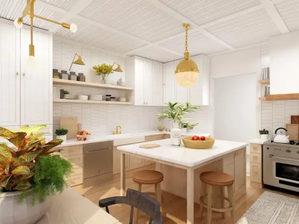 Ideas para como diseñar una cocina moderna y funcional: encimeras de mármol, gabinetes blancos, isla central y acentos dorados.