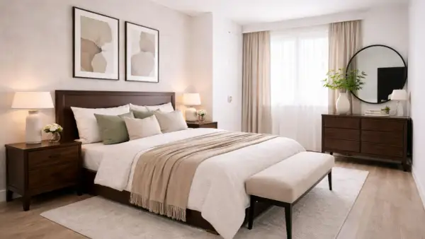 Dormitorio con muebles oscuros y paredes claras. Cama con mantas beige, mesitas de noche y un banco a los pies.