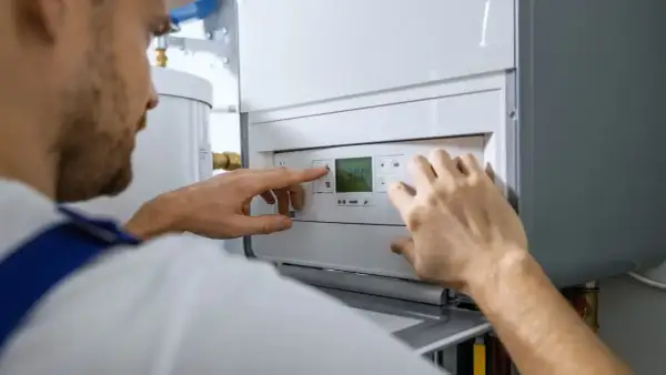 Técnico ajustando la temperatura en una caldera de gas nueva.