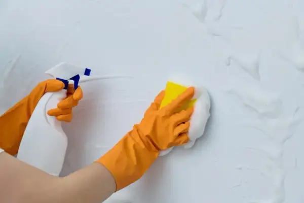 Manos con guantes naranjas rociando y limpiando paredes con espuma y esponja.