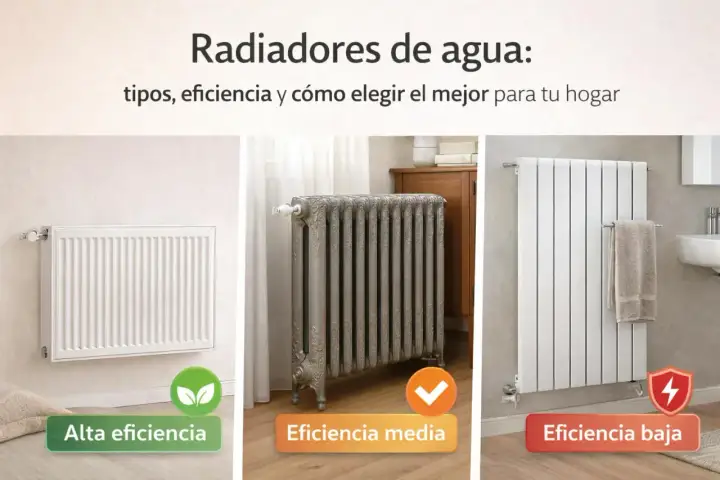 Tres radiadores de agua: uno moderno de alta eficiencia, uno clásico de eficiencia media y uno blanco de baja eficiencia.